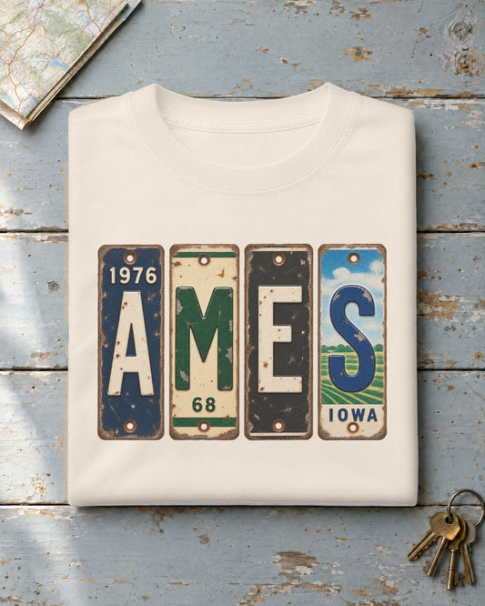 Ames, Iowa vintage license plate t-shirt in Ivory