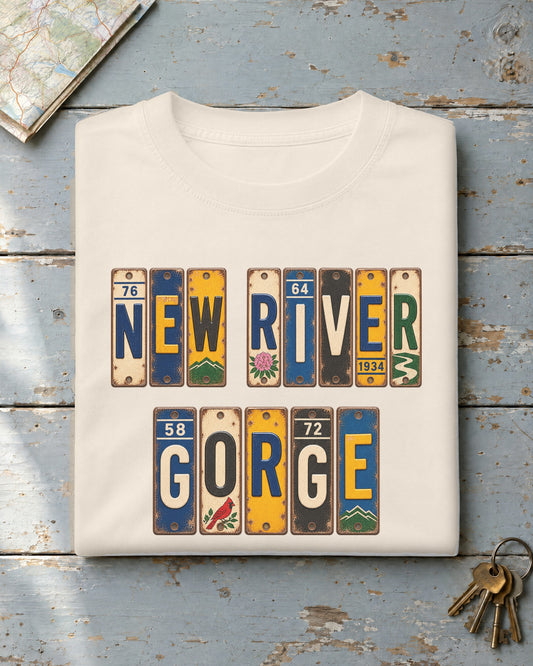 New River Gorge, West Virginia vintage license plate t-shirt in Ivory