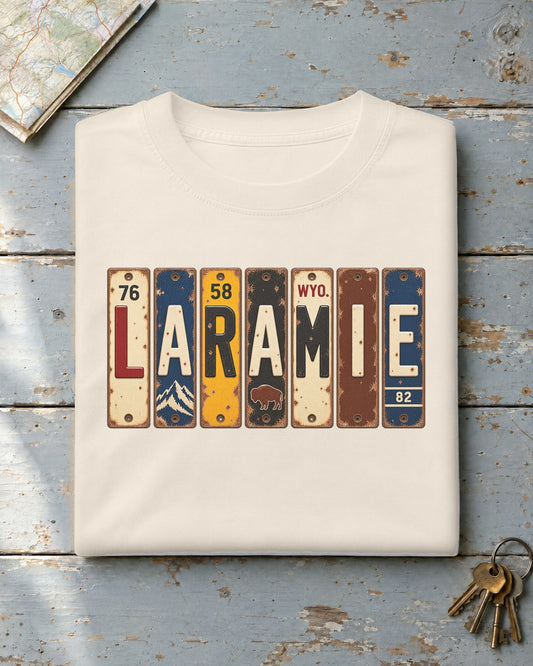 Laramie, Wyoming vintage license plate t-shirt in Ivory
