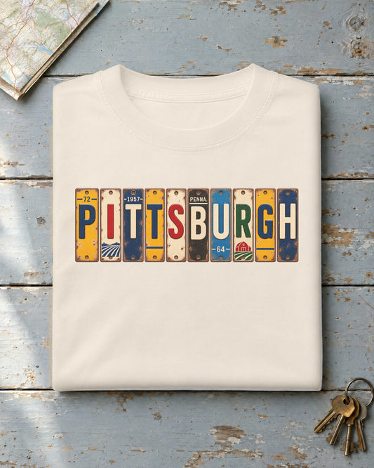 Pittsburgh, Pennsylvania vintage license plate t-shirt in Ivory
