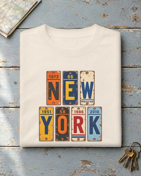 New York vintage license plate t-shirt in Ivory