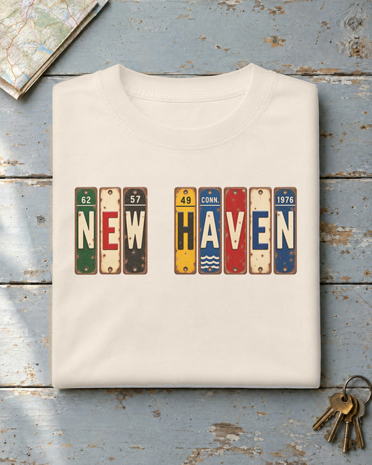 New Haven, Connecticut vintage license plate t-shirt in Ivory