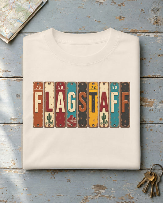 Flagstaff, Arizona vintage license plate t-shirt in Ivory