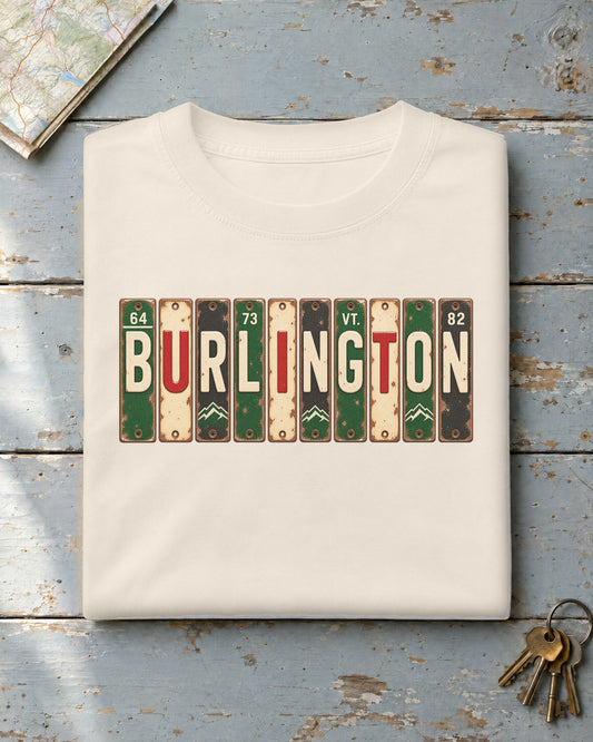 Burlington, Vermont vintage license plate t-shirt in Ivory