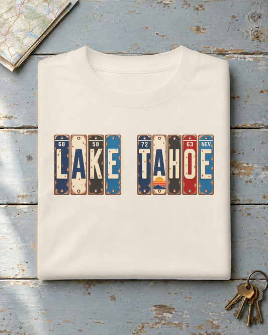 Lake Tahoe, Nevada vintage license plate t-shirt in Ivory