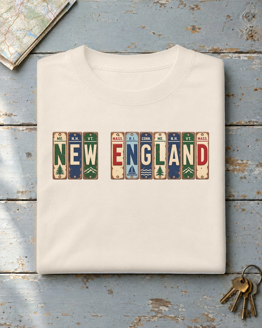 New England vintage license plate t-shirt in Ivory