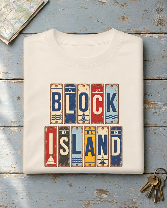 Block Island, Rhode Island vintage license plate t-shirt in Ivory