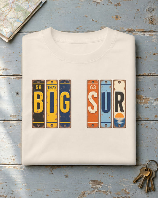 Big Sur, California vintage license plate t-shirt in Ivory