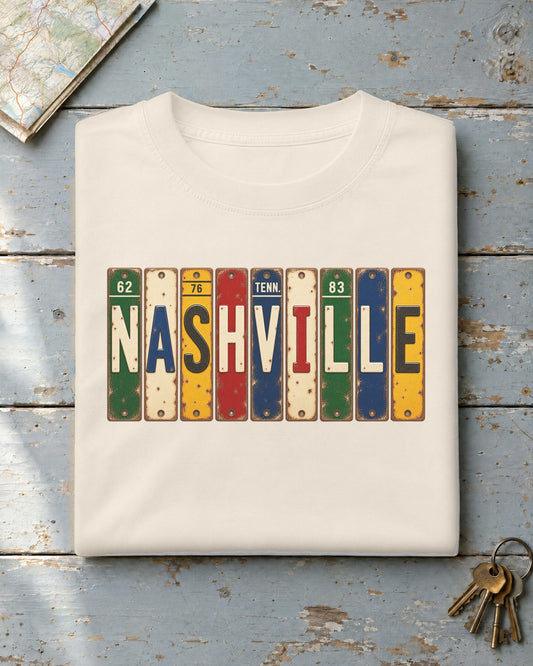 Nashville, Tennessee vintage license plate t-shirt in Ivory