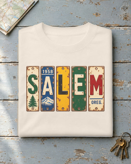 Salem, Oregon vintage license plate t-shirt in Ivory