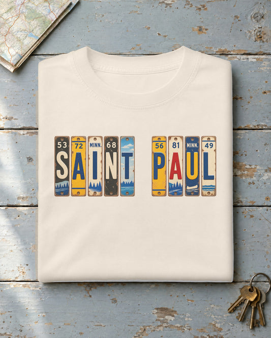 Saint Paul, Minnesota vintage license plate t-shirt in Ivory