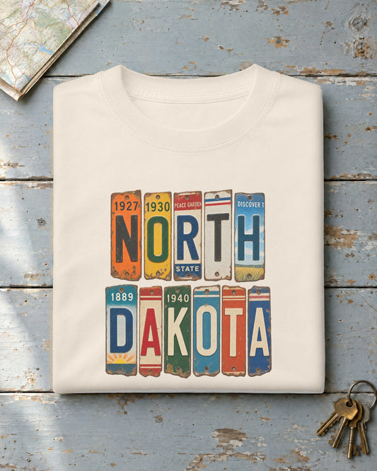 North Dakota vintage license plate t-shirt in Ivory