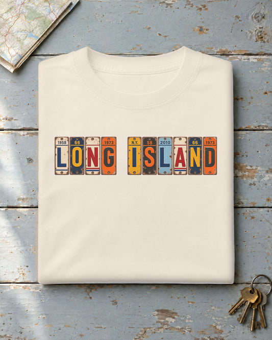 Long Island, New York vintage license plate t-shirt in Ivory