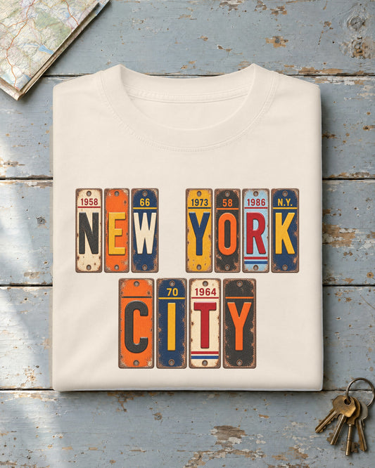 New York City, New York vintage license plate t-shirt in Ivory