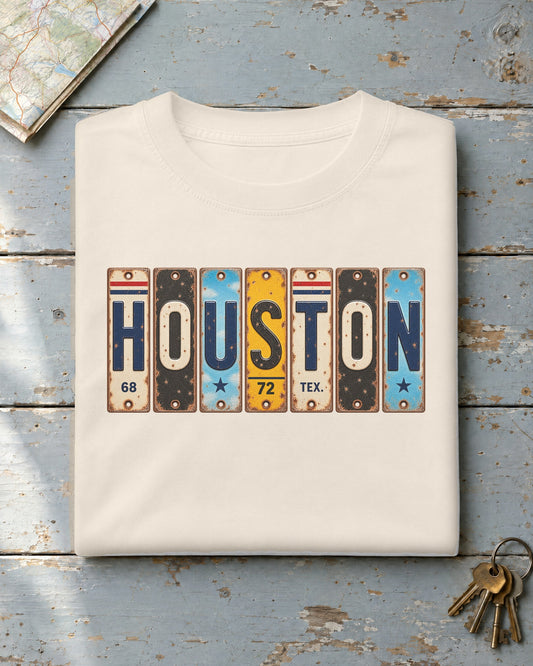Houston, Texas vintage license plate t-shirt in Ivory