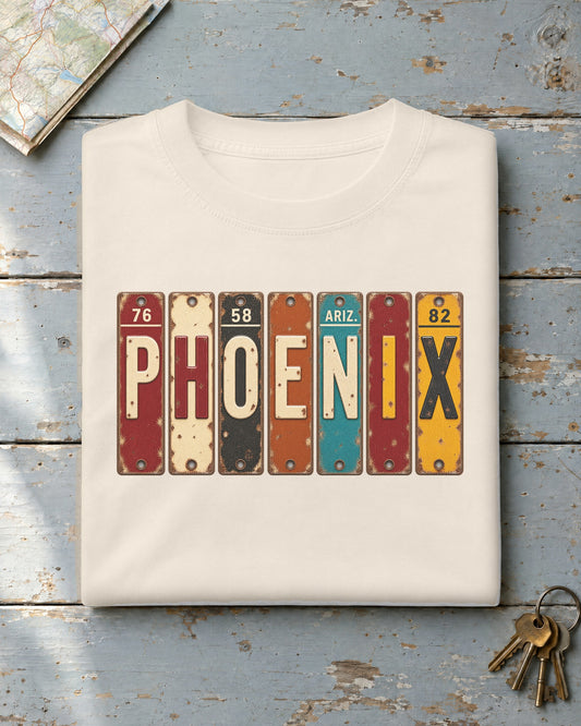 Phoenix, Arizona vintage license plate t-shirt in Ivory