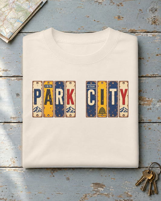 Park City, Utah vintage license plate t-shirt in Ivory