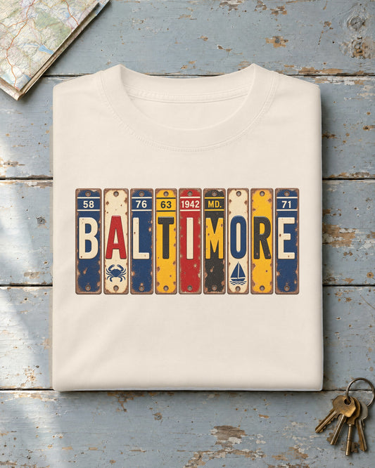 Baltimore, Maryland vintage license plate t-shirt in Ivory