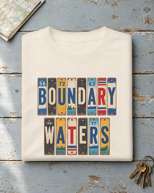 Boundary Waters, Minnesota vintage license plate t-shirt in Ivory