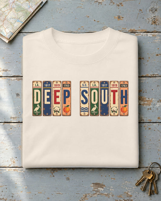 Deep South vintage license plate t-shirt in Ivory