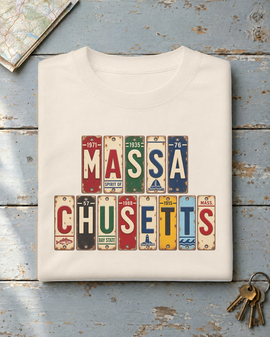 Massachusetts vintage license plate t-shirt in Ivory