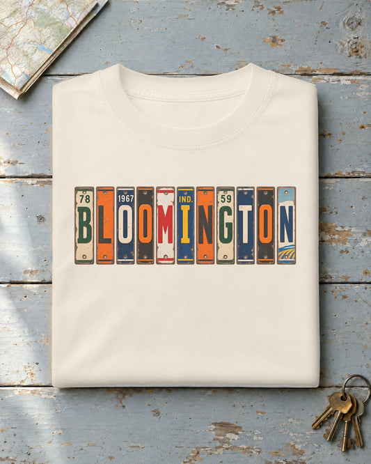 Bloomington, Indiana vintage license plate t-shirt in Ivory