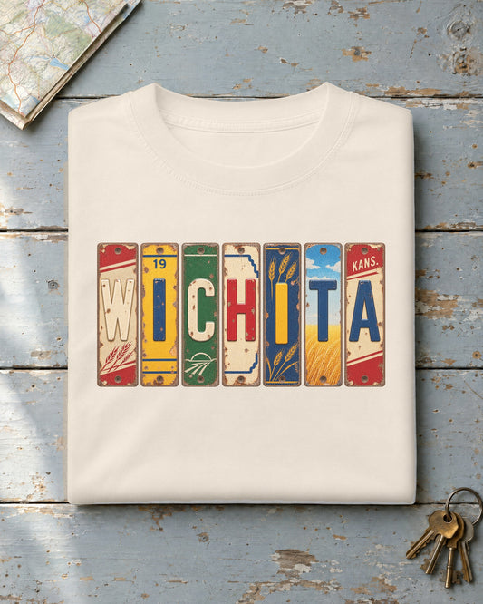Wichita, Kansas vintage license plate t-shirt in Ivory