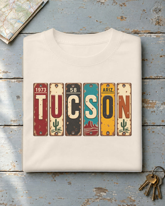 Tucson, Arizona vintage license plate t-shirt in Ivory