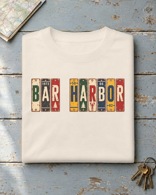 Bar Harbor, Maine vintage license plate t-shirt in Ivory