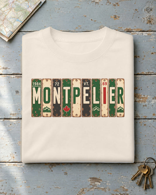 Montpelier, Vermont vintage license plate t-shirt in Ivory