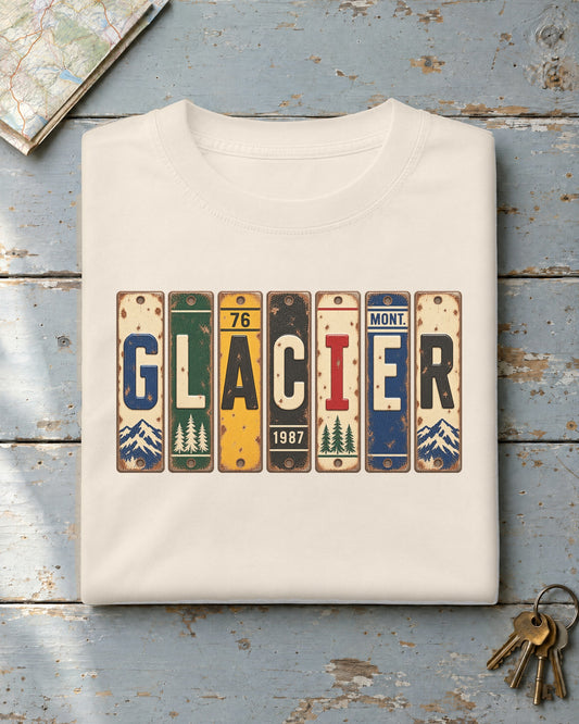 Glacier, Montana vintage license plate t-shirt in Ivory