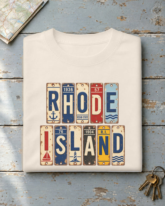 Rhode Island vintage license plate t-shirt in Ivory