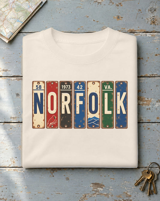 Norfolk, Virginia vintage license plate t-shirt in Ivory