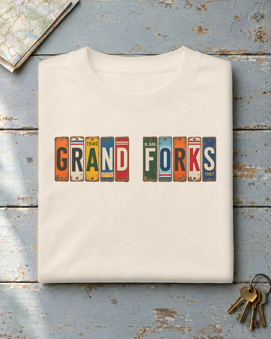 Grand Forks, North Dakota vintage license plate t-shirt in Ivory