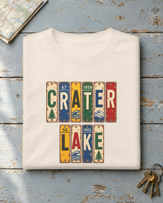 Crater Lake, Oregon vintage license plate t-shirt in Ivory