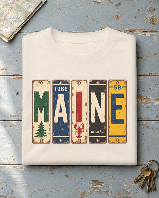 Maine vintage license plate t-shirt in Ivory