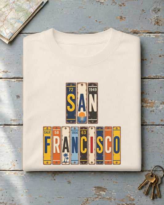 San Francisco, California vintage license plate t-shirt in Ivory