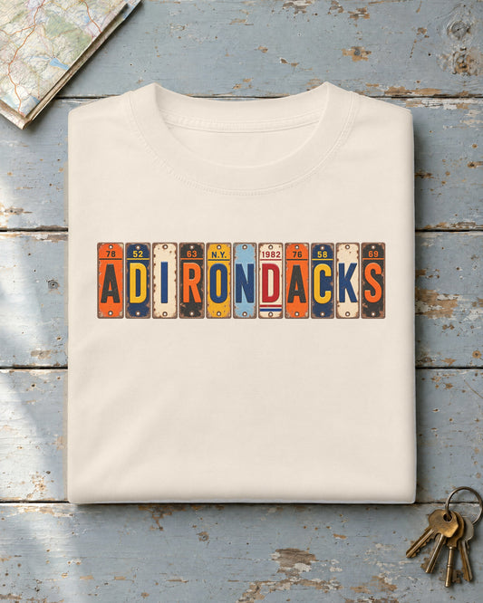 Adirondacks, New York vintage license plate t-shirt in Ivory