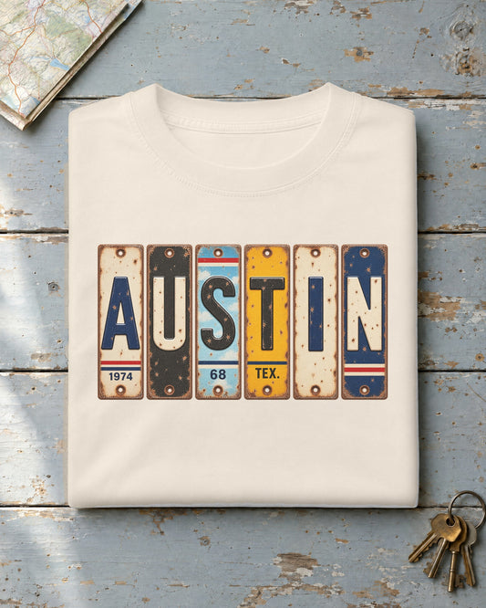 Austin, Texas vintage license plate t-shirt in Ivory