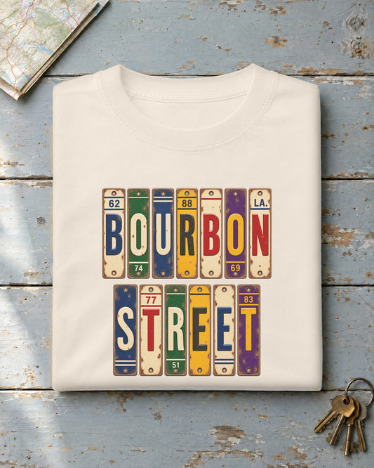 Bourbon Street, Louisiana vintage license plate t-shirt in Ivory