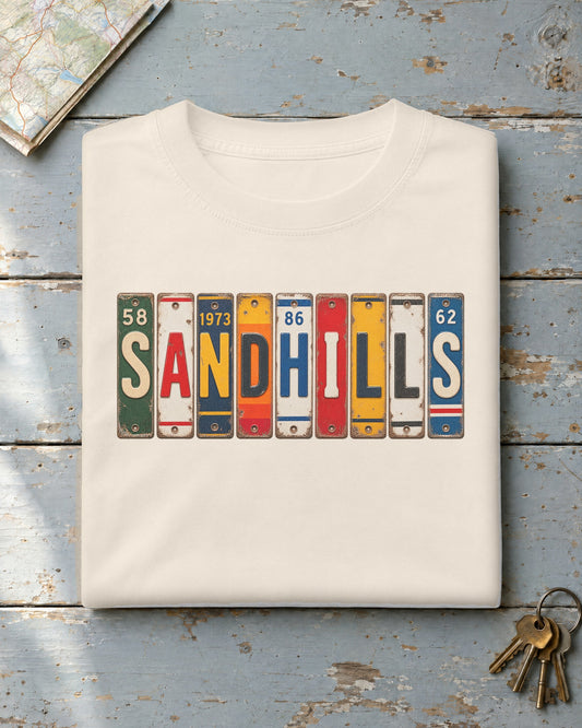 Sandhills, Nebraska vintage license plate t-shirt in Ivory