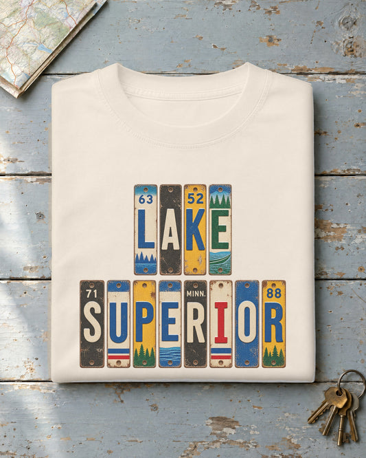 Lake Superior, Minnesota vintage license plate t-shirt in Ivory