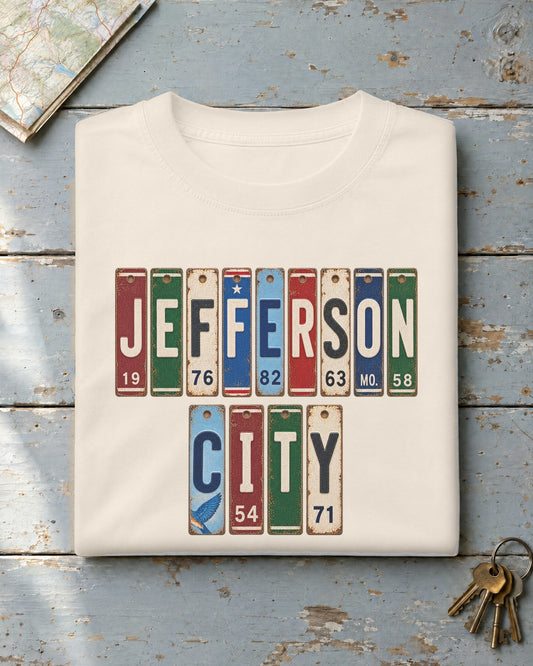 Jefferson City, Missouri vintage license plate t-shirt in Ivory