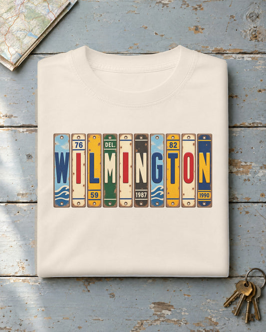 Wilmington, Delaware vintage license plate t-shirt in Ivory