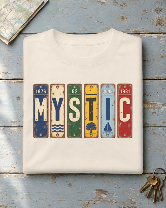 Mystic, Connecticut vintage license plate t-shirt in Ivory