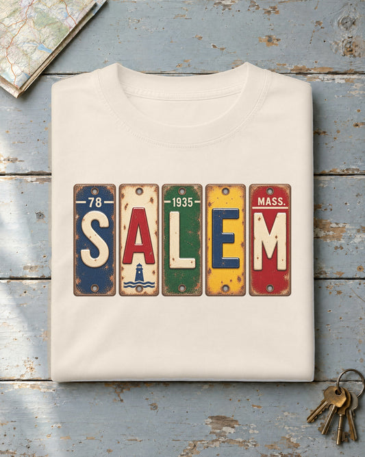 Salem, Massachusetts vintage license plate t-shirt in Ivory