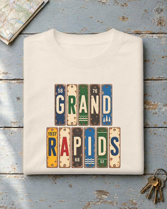 Grand Rapids, Michigan vintage license plate t-shirt in Ivory
