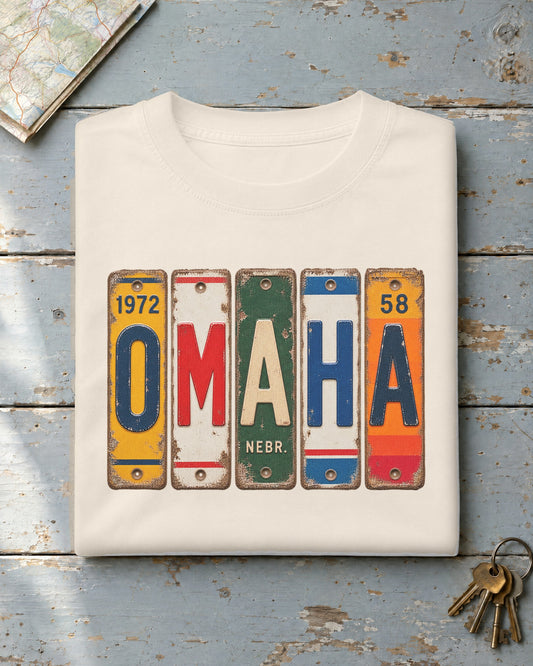 Omaha, Nebraska vintage license plate t-shirt in Ivory