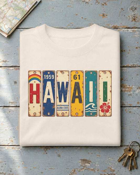 Hawaii vintage license plate t-shirt in Ivory