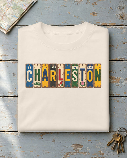 Charleston, West Virginia vintage license plate t-shirt in Ivory